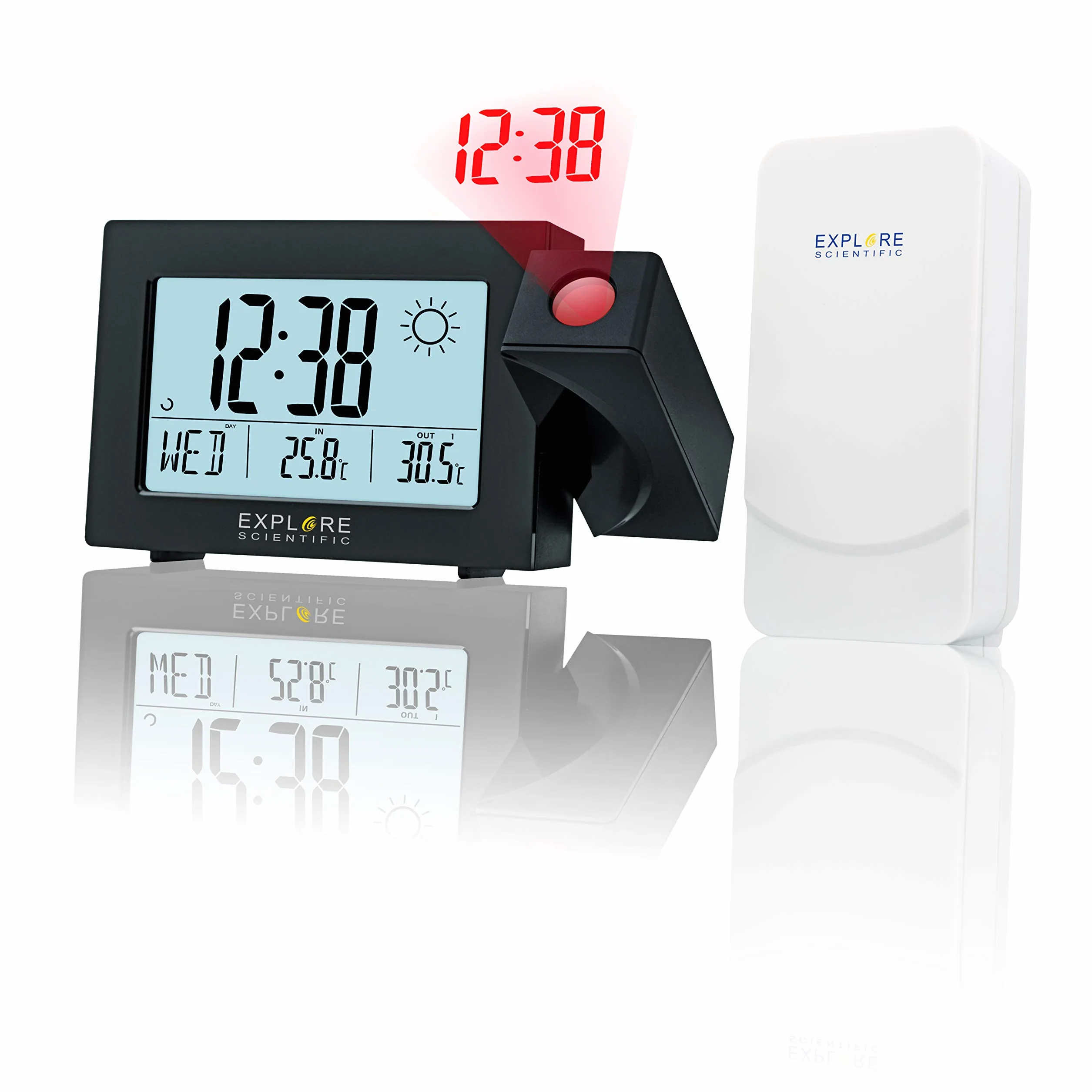 Explore Scientific RPW3008, Orologio a proiezione con ora radiocomandata e previsioni metero, Doppio allarme, Porta USB per ricaricare il telefono, Sensore per temperatura interna incluso, Nero
