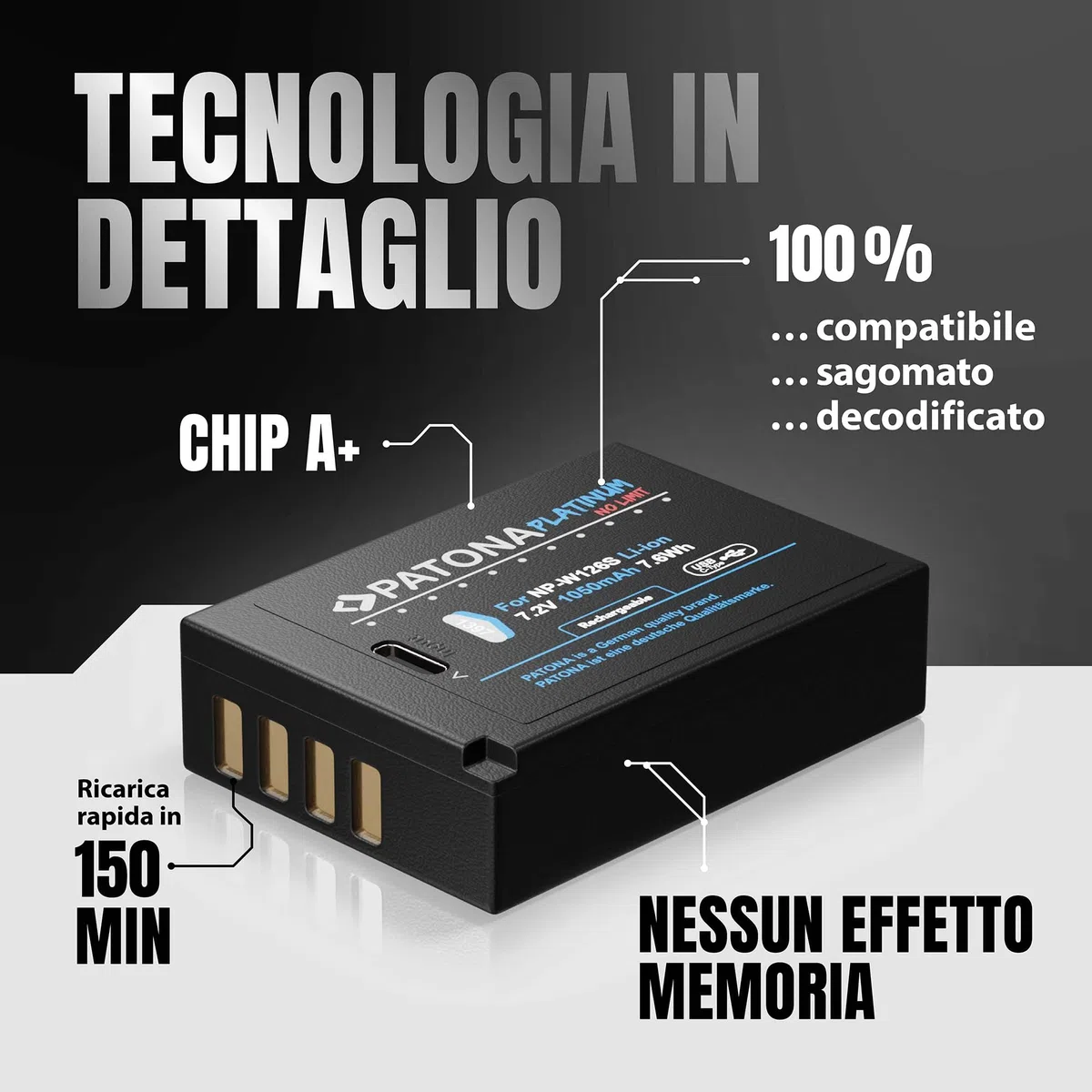 PATONA 2X Platinum NP-W126S Batteria 1050mAh con ingresso USB-C – Ricambio per Fujifilm NP-W126S – per X-T1 X-T2 X-T3 X-T20 X-T30 II, X100F X100V, X-Pro1 X-Pro3, X-E4, X-A7, X-H1 – doppia riserva