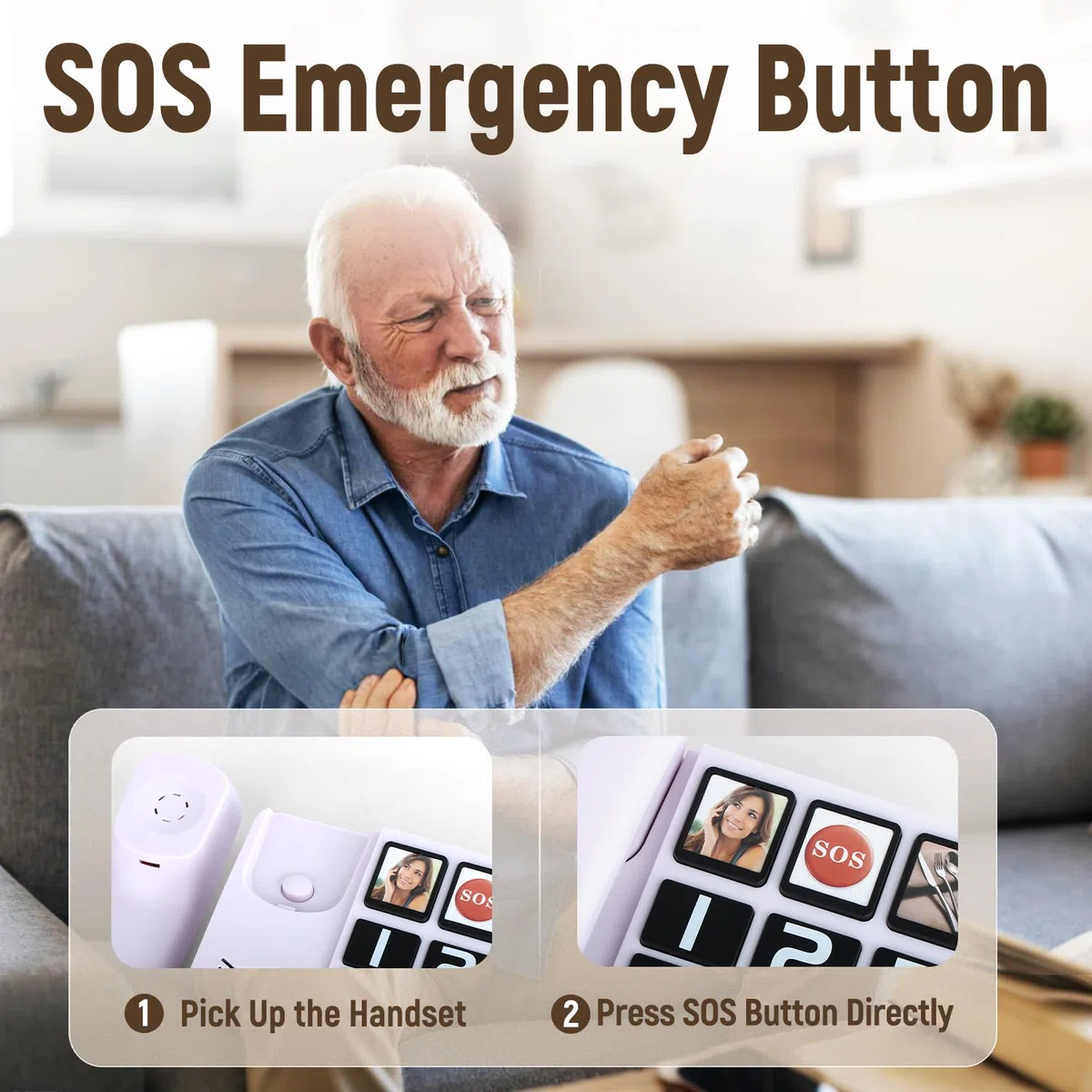 Telefono con pulsante grande per anziani, telefoni fissi con filo per anziani con 2 pulsanti di composizione one-touch, telefono fisso con pulsante di emergenza SOS/suoneria forte - bianco