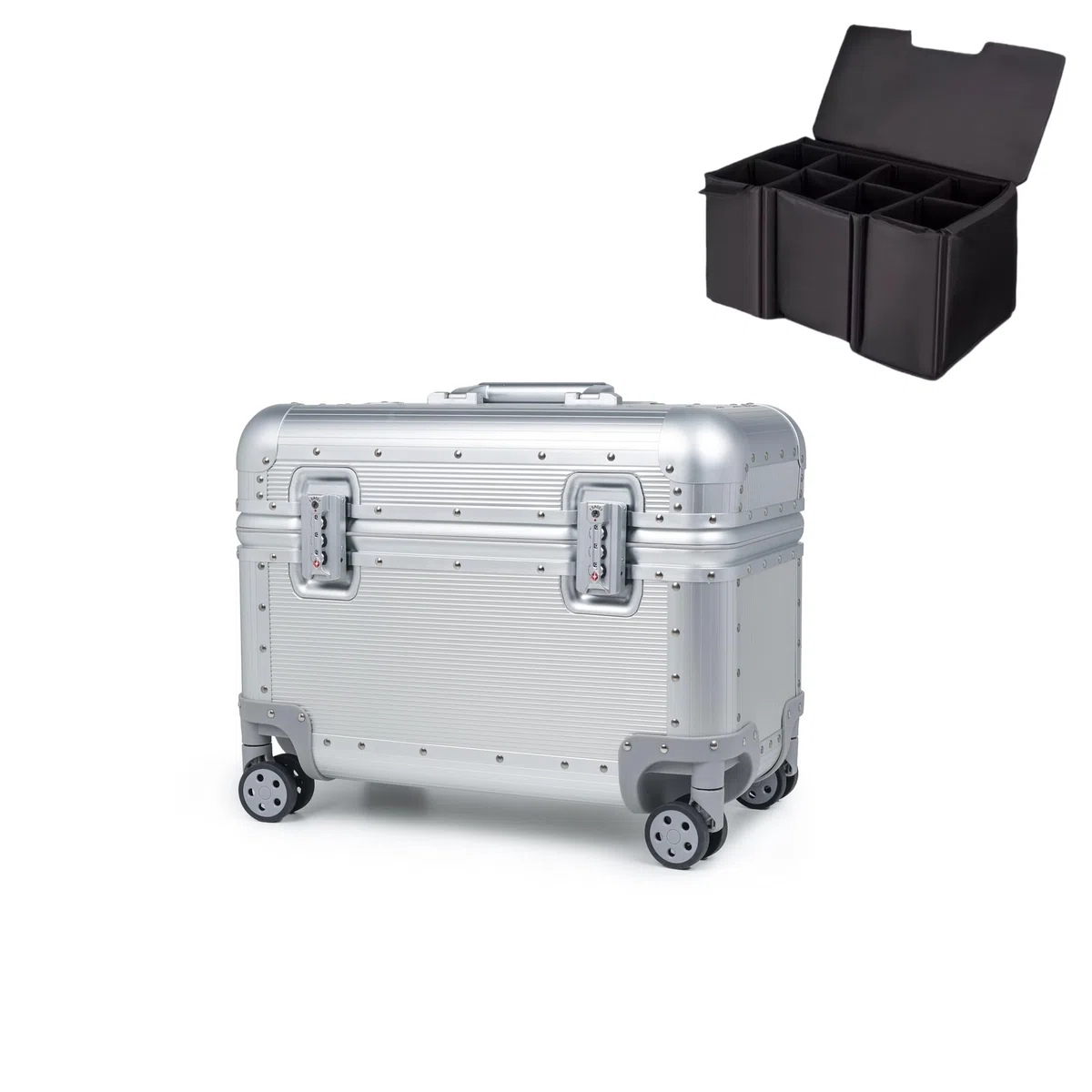 Custodia per macchina fotografica in alluminio, custodia per pilota, borsa a rullo per fotocamera, borsa da trasporto, custodia rigida per attrezzatura fotografica, valigia con 4 ruote e
