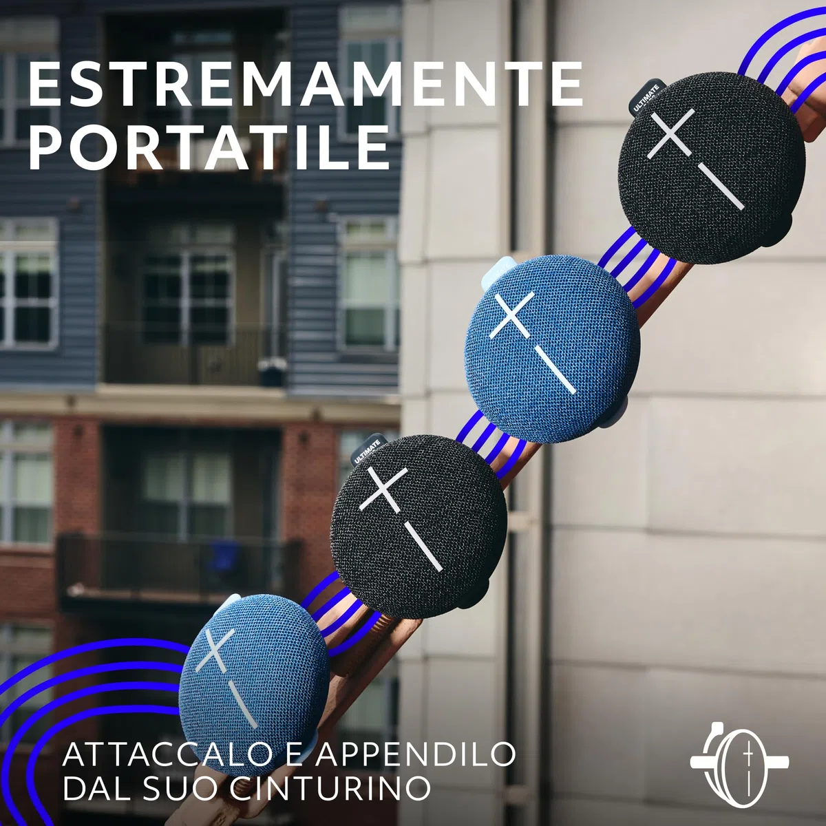 Ultimate Ears MINIROLL Altoparlante Bluetooth impermeabile ultraportatile, bassi potenti, resistente alla polvere IP67, raggio d’azione di 40 m - Blu