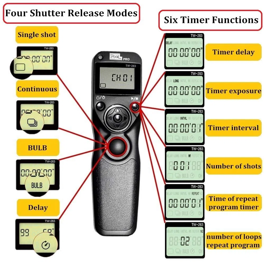 Pixel Trigger telecomando timer fotocamera TW283-DC2 telecomando senza fili gamma di trigger compatibile con Nikon Z5 Z6 Z7 D750 D780 D7500 D7200 D7000 D5600 D5500 D5300 D3300 D610 D610 600 DC. 90