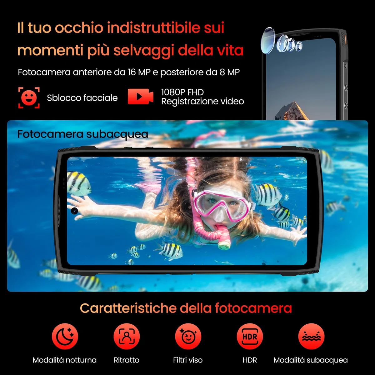 Panther 2 Rugged Smartphone Android 15, 12GB+128GB/1TB Espandibile, IP68/IP69K 6.7" HD+120Hz Cellulare Impermeabile, 16MP+8MP, 5150mAh, Widevine L1/Face ID/OTG/GPS/NFC/3 SIM Slots, Nero