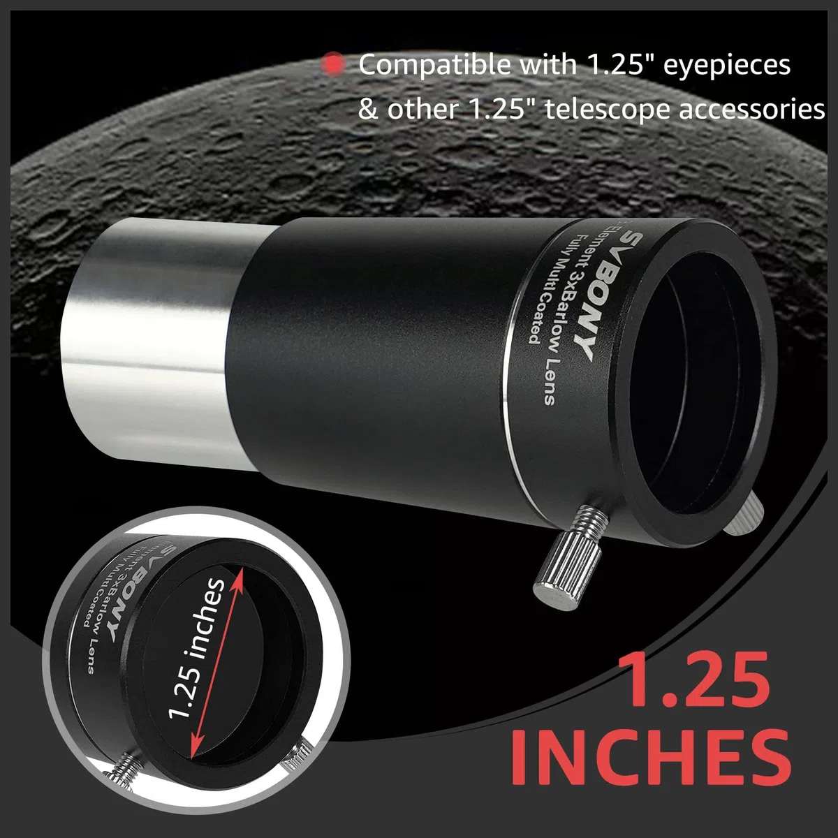 Svbony SV213 Barlow Lente, 3x Barlow 1.25inch FMC 3 Elementi in Metallo Accessori per Telescopio per Fotografia e Osservazione Planetaria