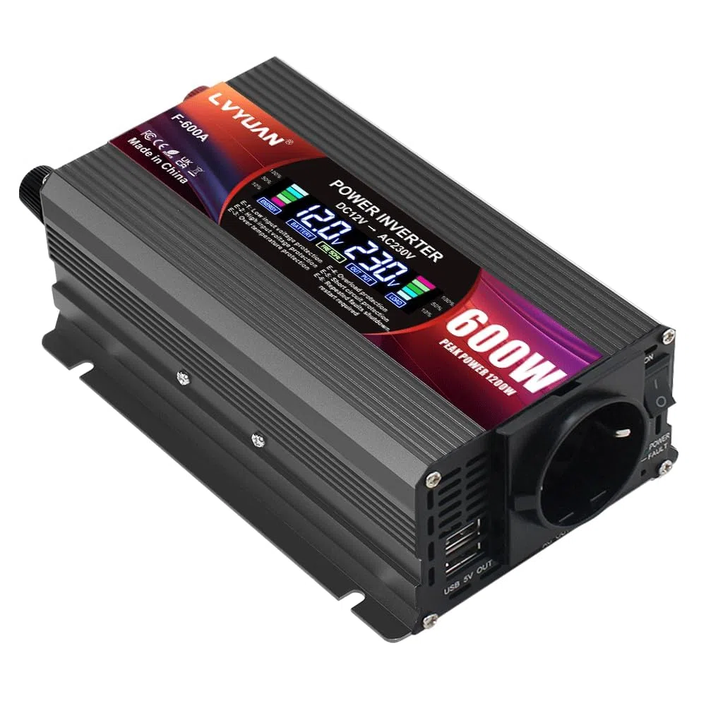 LVYUAN 600W/ 1200W Convertitore di tensione da CC 12 V a CA 220 V 1 presa CA e 2 porte USB Convertitore di corrente Inverter per auto, camper, camion