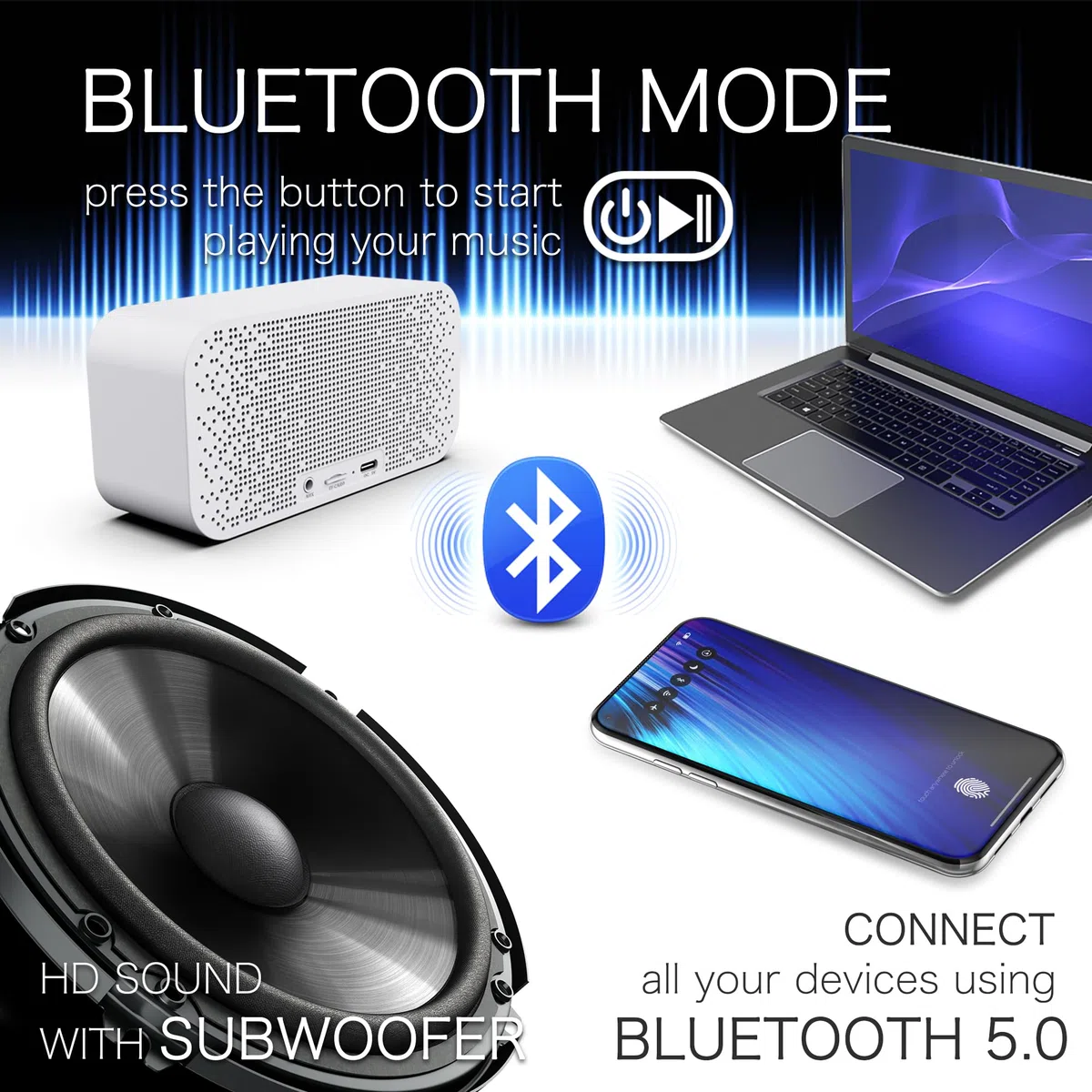 Sveglia digitale da comodino, cassa bluetooth potente, LED, radiosveglia FM, doppio allarme, per bambini adolescenti e adulti (Bianco)