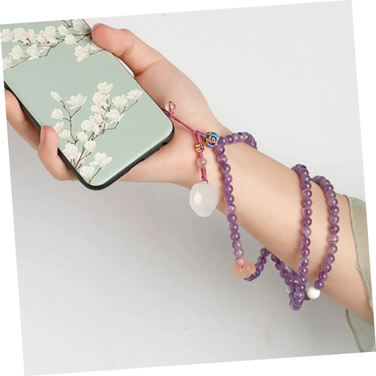 Angoily Catena per Cellulare in Ametista Naturale Cordino da Polso Decorativo, Laccio Resistente da Attaccare a Cover per Uso Quotidiano