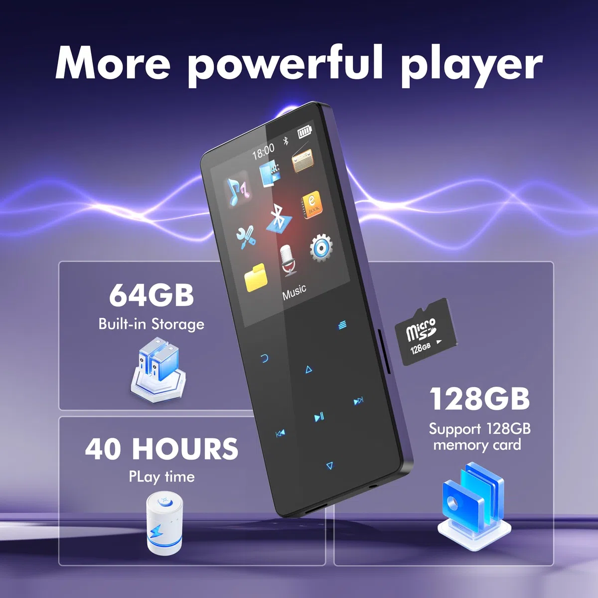 64 GB Lettore MP3 Bluetooth 5.3 Lettore MP3 musicale bambini lettori mp3 portatile Ottimo per sport, radio FM, immagini, registrazioni, e-book, contapassi, qualità audio HIFI lettore mp4