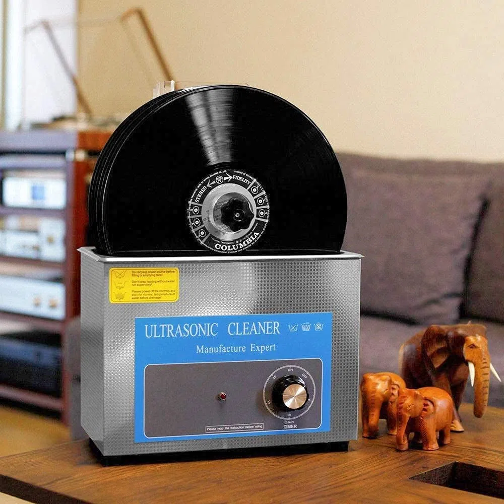 Pulitore a ultrasuoni per dischi in vinile, pulisce 6 dischi contemporaneamente con timer da 0 a 20 minuti, ripiano sollevabile e supporto per asciugatura per una pulizia profonda