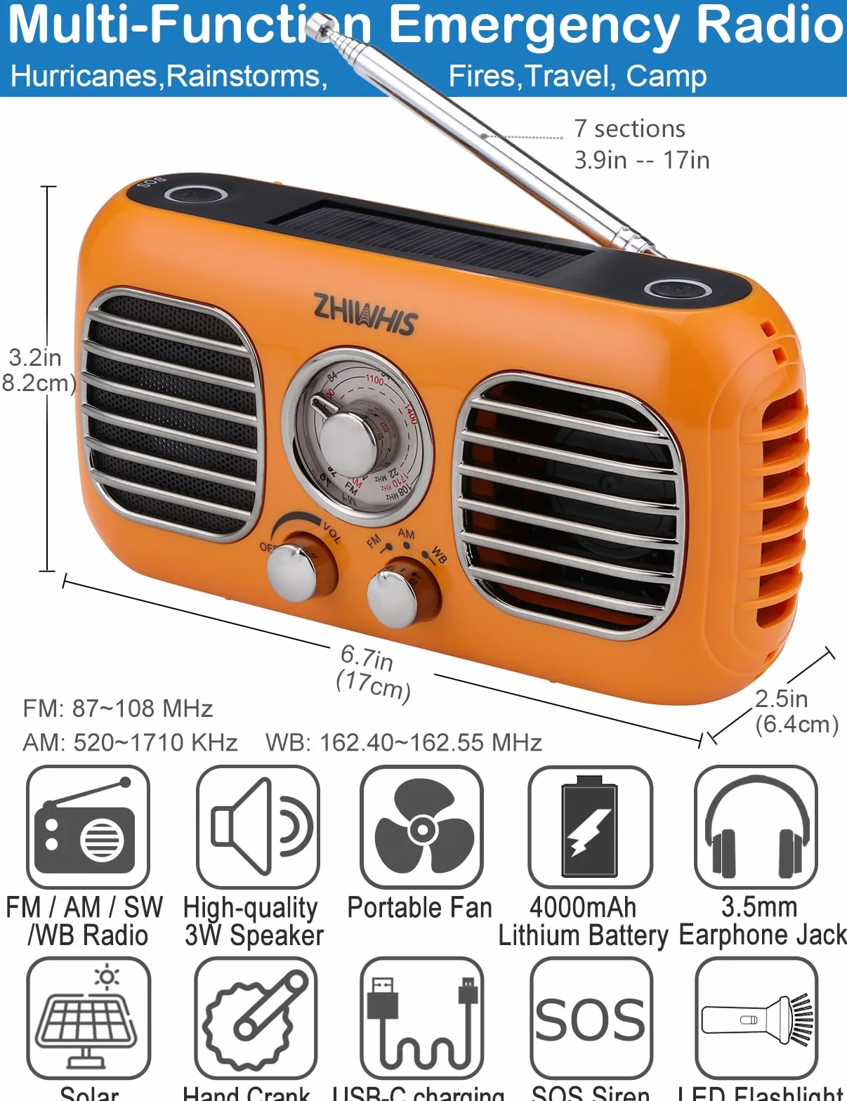 ZHIWHIS ZWS-380 - Radio di emergenza con ventilatore portatile, radio meteorologiche AM/FM/WB con sirena SOS, manovella, pannello solare, 4000 mAh, power bank, manopola rotante, ricevitore retrò