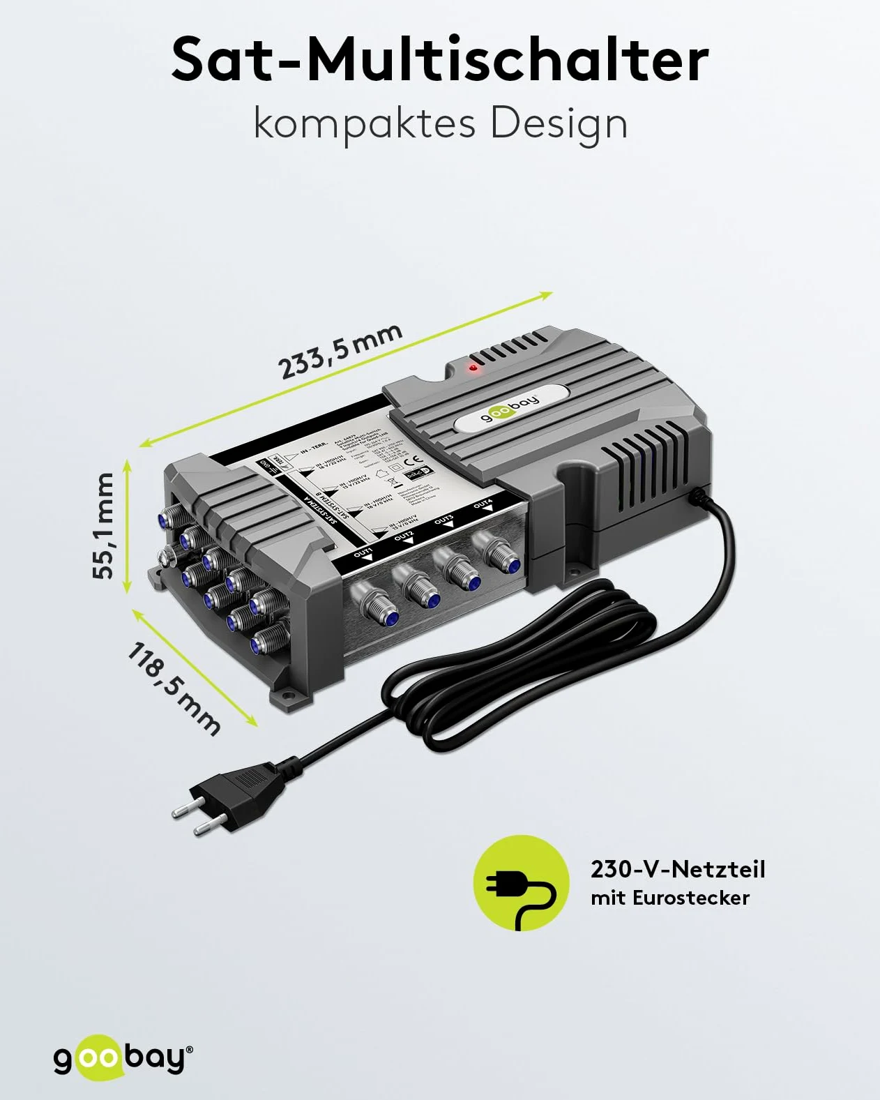 goobay 64879 - Interruttore multiswitch satellitare compatto, 9 ingressi, 4 uscite, 4 K, 8 K, UHD/DAB+, per 4 partecipanti