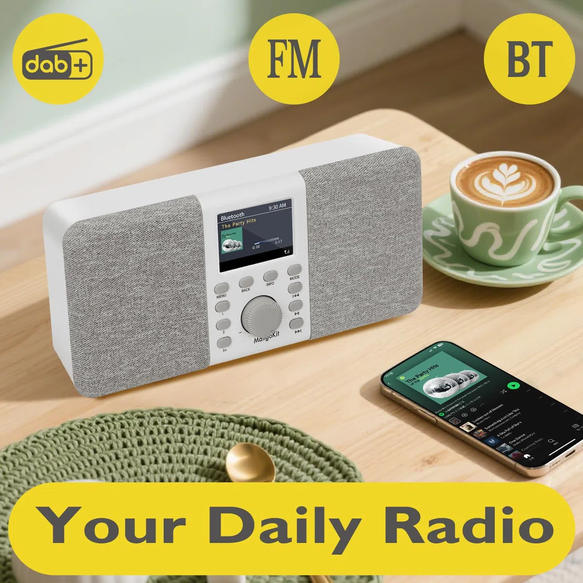 MD5 DAB stereo con altoparlante Bluetooth,digitale DAB+,radio FM da alimentata a rete a batteria,display a colori,40stazioni preimpostate,sveglia e orologio,Snooze,porta cuffie-grigio pietra