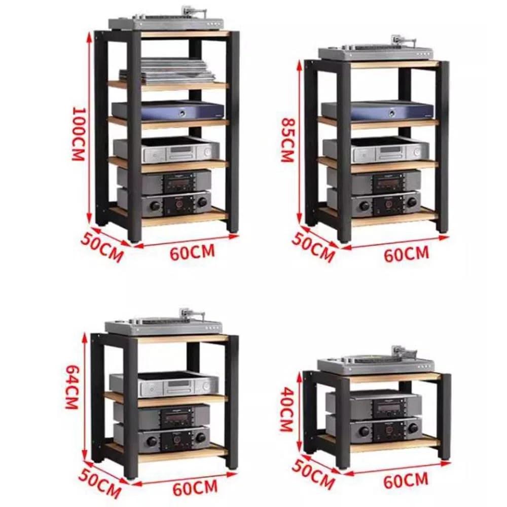 Scaffale in legno e acciaio, supporto multimediale regolabile, torre audio a 4 livelli, scaffale per lettore CD, armadio stereo da pavimento, design moderno in teak per home theater e sistemi audio