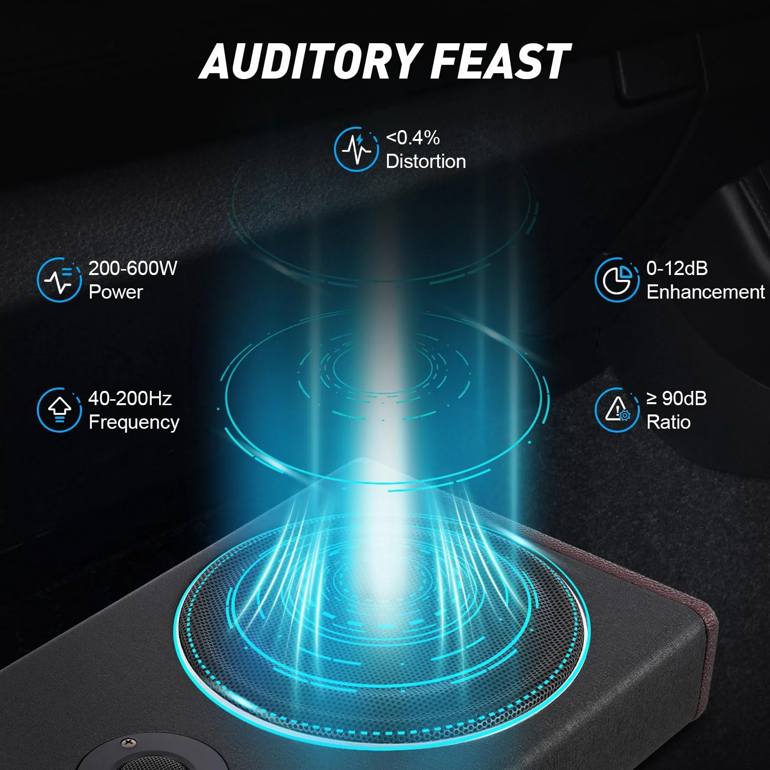 Subwoofer attivo per auto da 8 pollici con Bluetooth, ultra sottile sotto il sedile, potenza massima 600 W, solo 7,5 cm di spessore, amplificatore integrato per auto e camion, nero