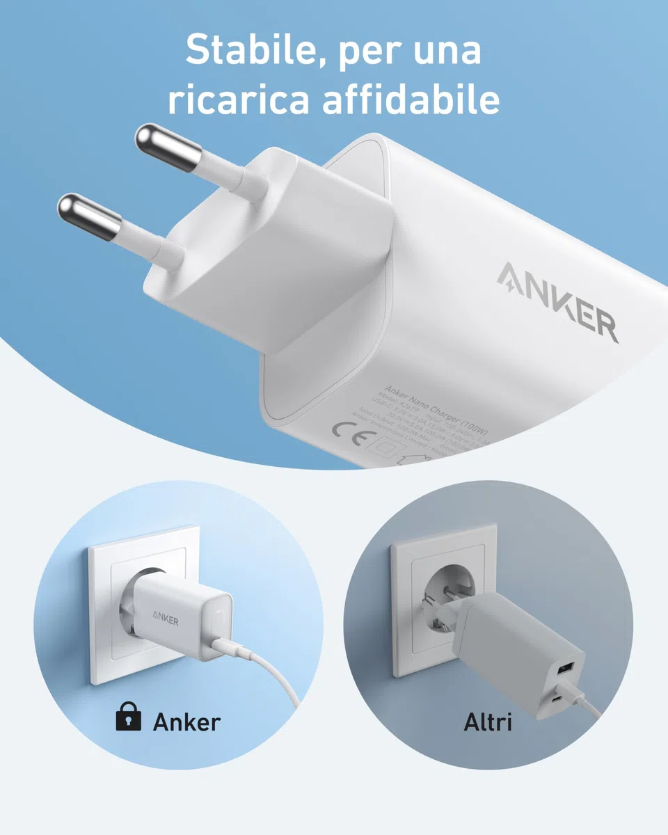 Anker Nano Caricatore USB C 100W, per iPhone 17 Pro Max Air/16/15, Galaxy e tutti i Dispositivi USB-C(cavo USB-C da 1.8 m incluso)