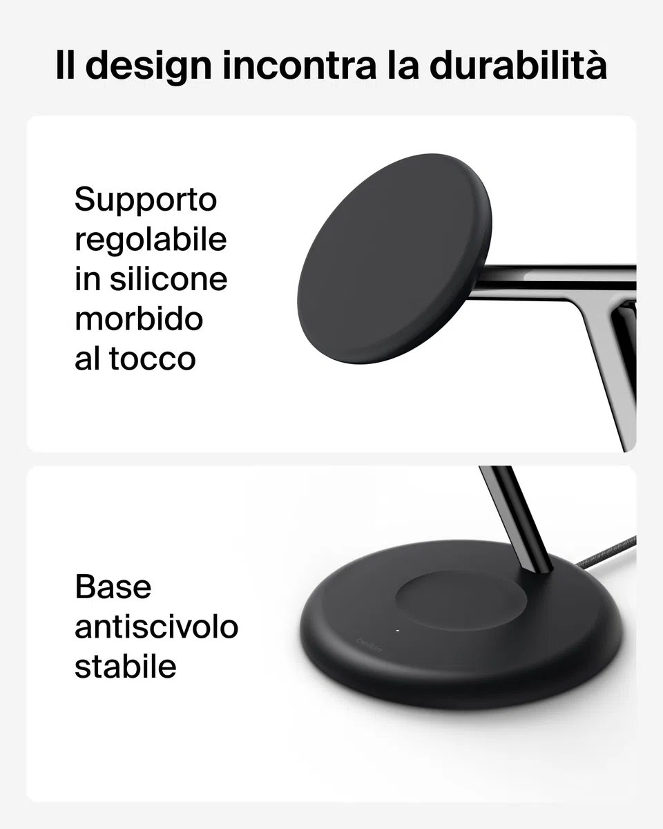 Belkin UltraCharge Caricatore Wireless Qi2.2 25W 3 in 1 - Nero | Caricatore Wireless Magnetico MagSafe, Certificato Qi2.2 per iPhone, Apple Watch, Auricolari, Cavo USB-C e Alimentatore 45W