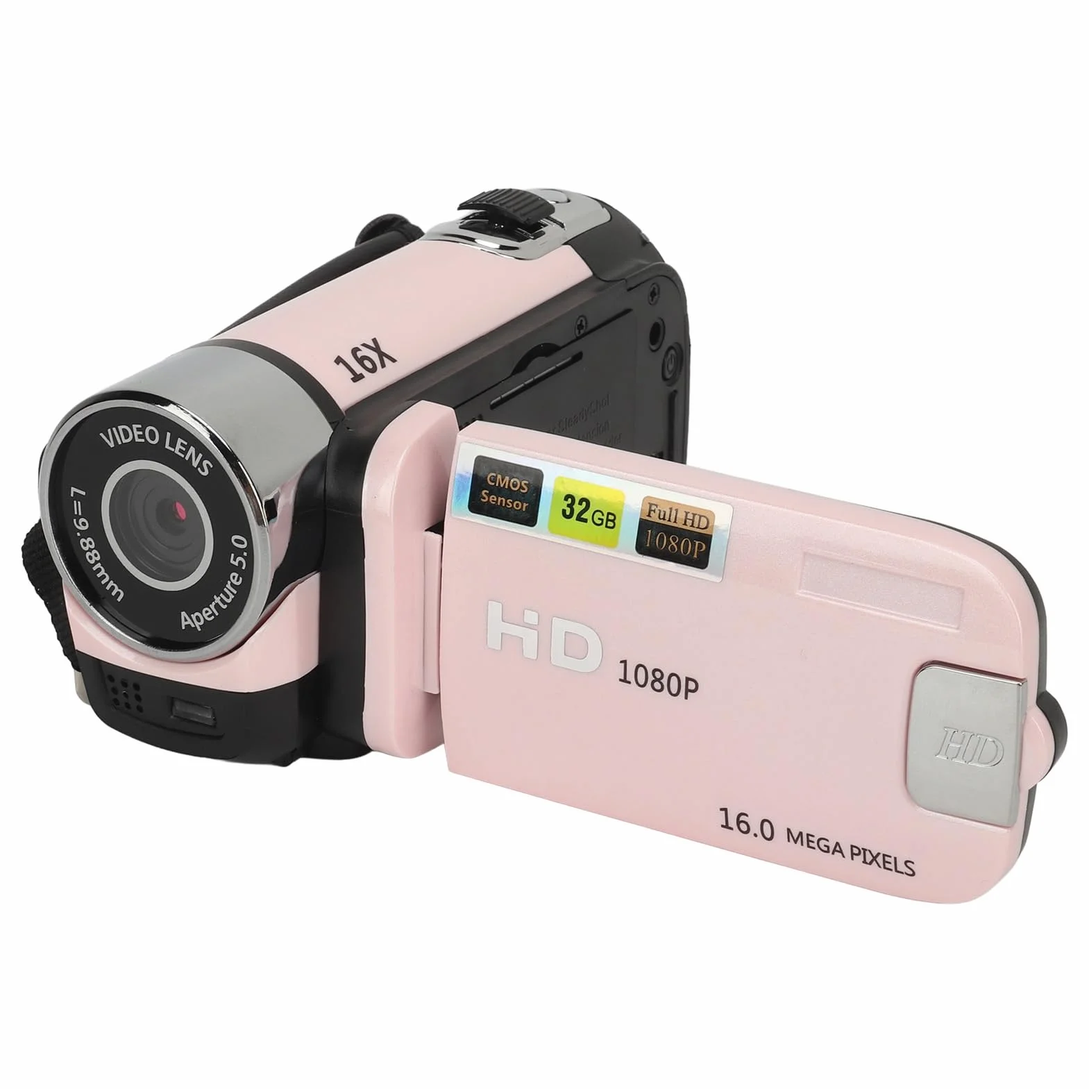 Videocamera digitale HD 1080p, 16 MP, zoom digitale 16x, schermo rotante da 2,4", stabilizzazione dell'immagine elettronica, timelapse, supporto microfono esterno e treppiede (fino a 128 GB)