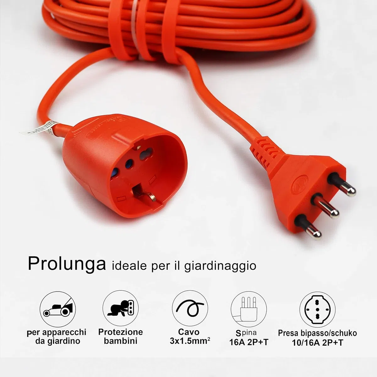 Prolunga Elettrica (20 Metri), Sezione Cavo 3X1.5mm², Spina Italiana 16A, Presa Multistandard Bipasso Schuko 10/16A, Max 3500W 250V, Supporto Avvolgicavi Incluso (20 Metri)
