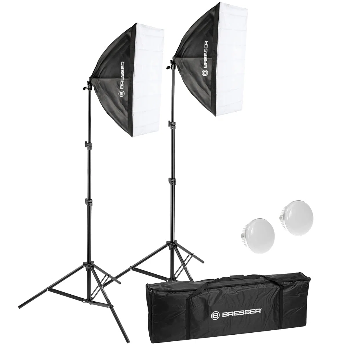 BRESSER BR-225B - Set di luci diurne a LED | 2 lampade LED da 50 W, 5500 K, CRI oltre 85, diffusori, stativi fino a 180 cm, borsa, ritratto, prodotto e video