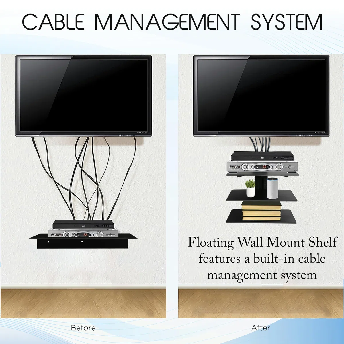 FEBTECH - Mensola sospesa per TV - Mensola per proiettore - Mensola da parete per TV, lettori DVD, console di gioco, decoder via cavo, accessori TV, 3 ripiani, nero
