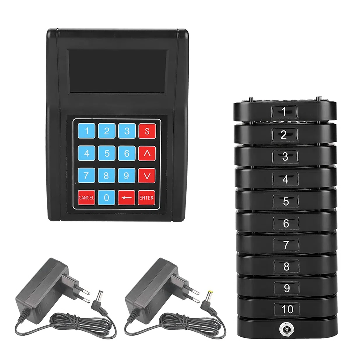 ASHATA Cercapersone Wireless con Sistema,Sistema di Chiamata Ospite Wireless Professionale, 1 Trasmettitore + 10 Ricevitori Sistema di Cercapersone Conveniente per Caffetteria, Snack Bar ECC.(EU)