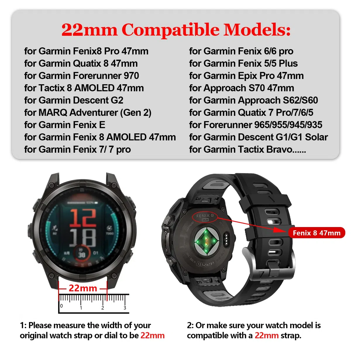 22mm Cinturino Compatibile per Garmin Fenix 7/7 Pro/6/6 Pro/5 Plus/Fenix 8/8Pro 47mm,Silicone Quickfit Cinturini di Ricambio per tactix 8/Approach S70 47mm/Descent G2/G1/Forerunner 970/965/955
