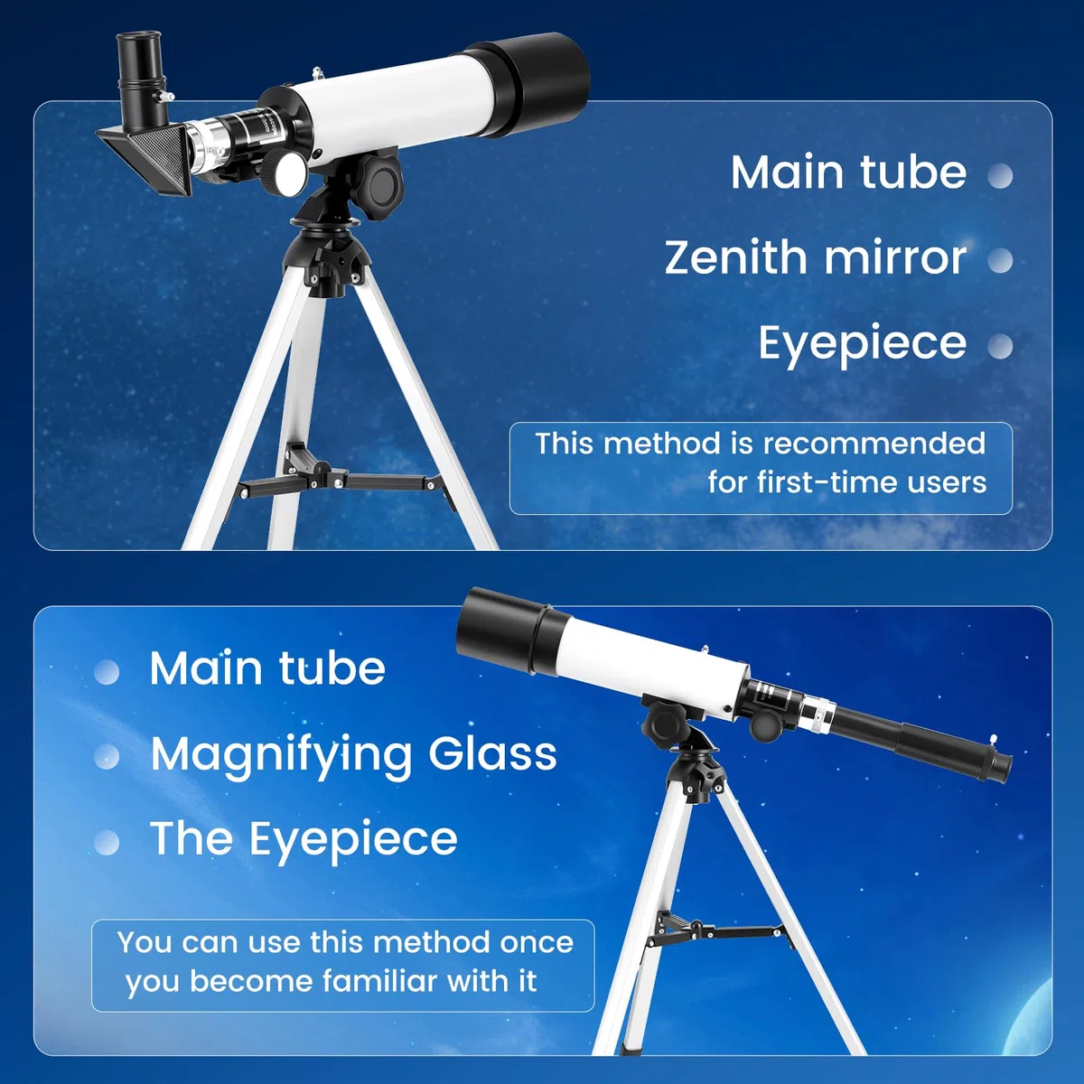 Telescopio per Bambini, Telescopio Astronomico con Lente da 50mm e Lunghezza Focale 360mm per Principianti, Telescopio per Bambini con Mirino e Treppiede, Ideale per Bambini/Adulti/Principianti