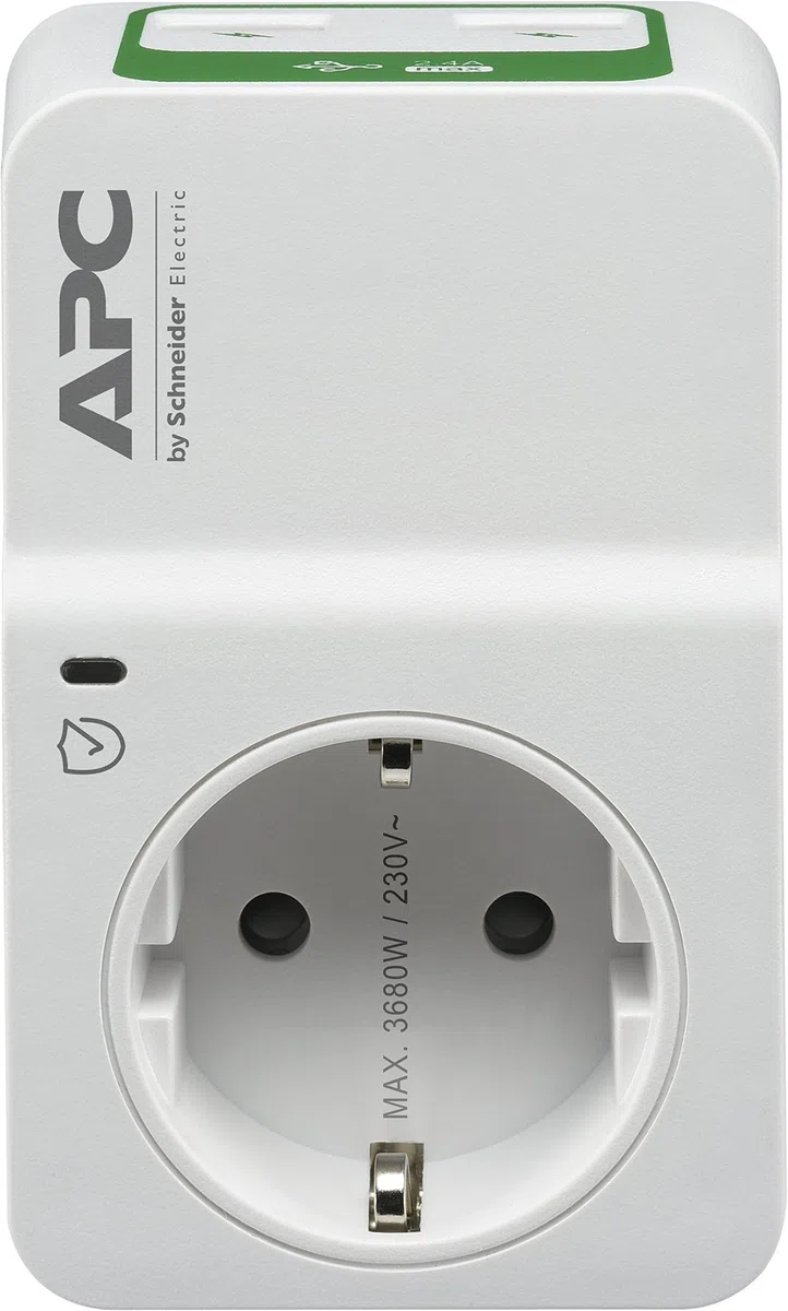 APC Surge Protector – PM1WU2-GR – Adattatore con protezione da sovratensione (1 spina Schuko, 2 uscite di ricarica USB, bianco)