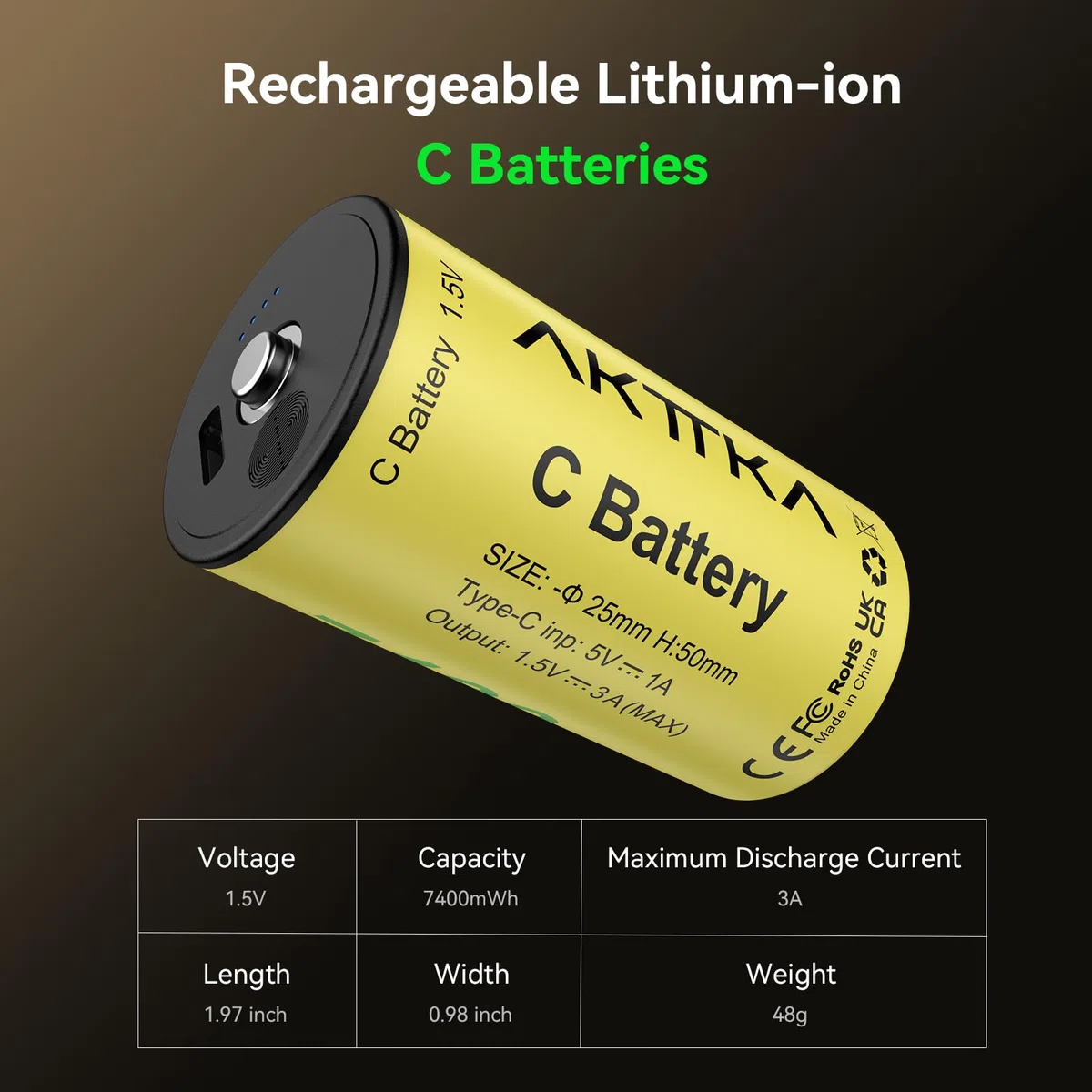 Batterie ricaricabili C, confezione da 4, 7400 mWh agli ioni di litio C, 1,5 V, con cavo di ricarica USB-C 4 in 1, indicatore di livello della batteria, per torcia, lettore CD, lampada da