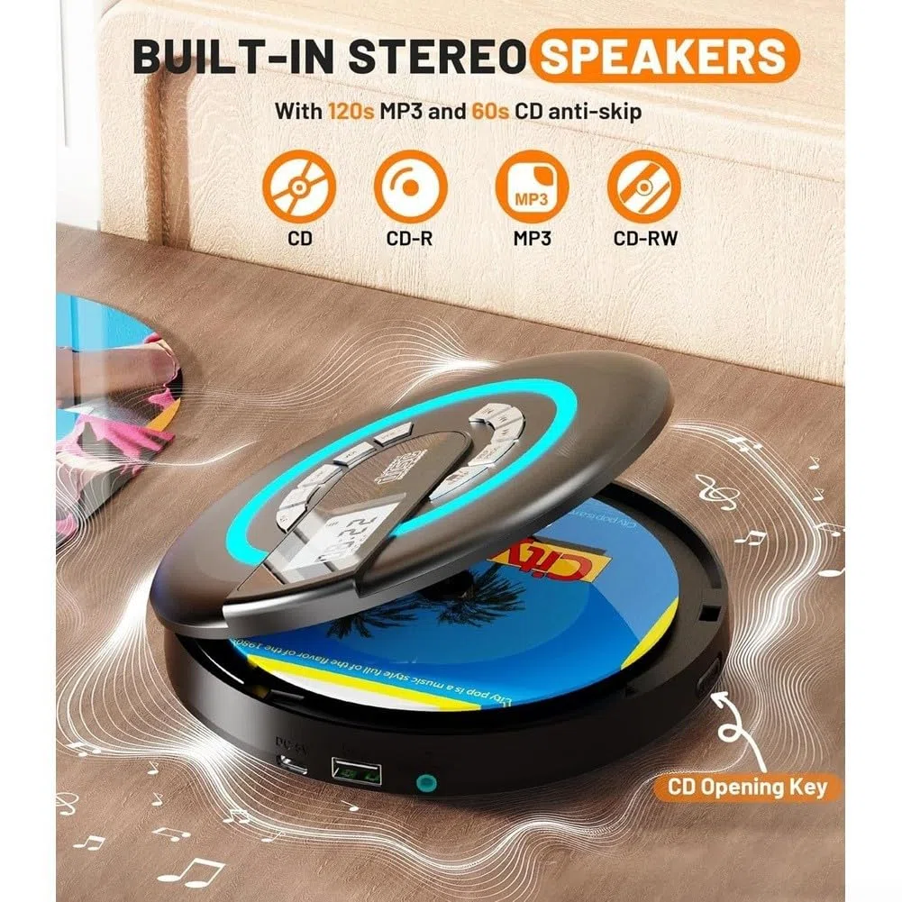 Lettore CD senza fili da 2000 mAh per batteria da viaggio (nero) | 5.3, segnale stabile, doppio streaming wireless, facile accoppiamento con telefono cellulare