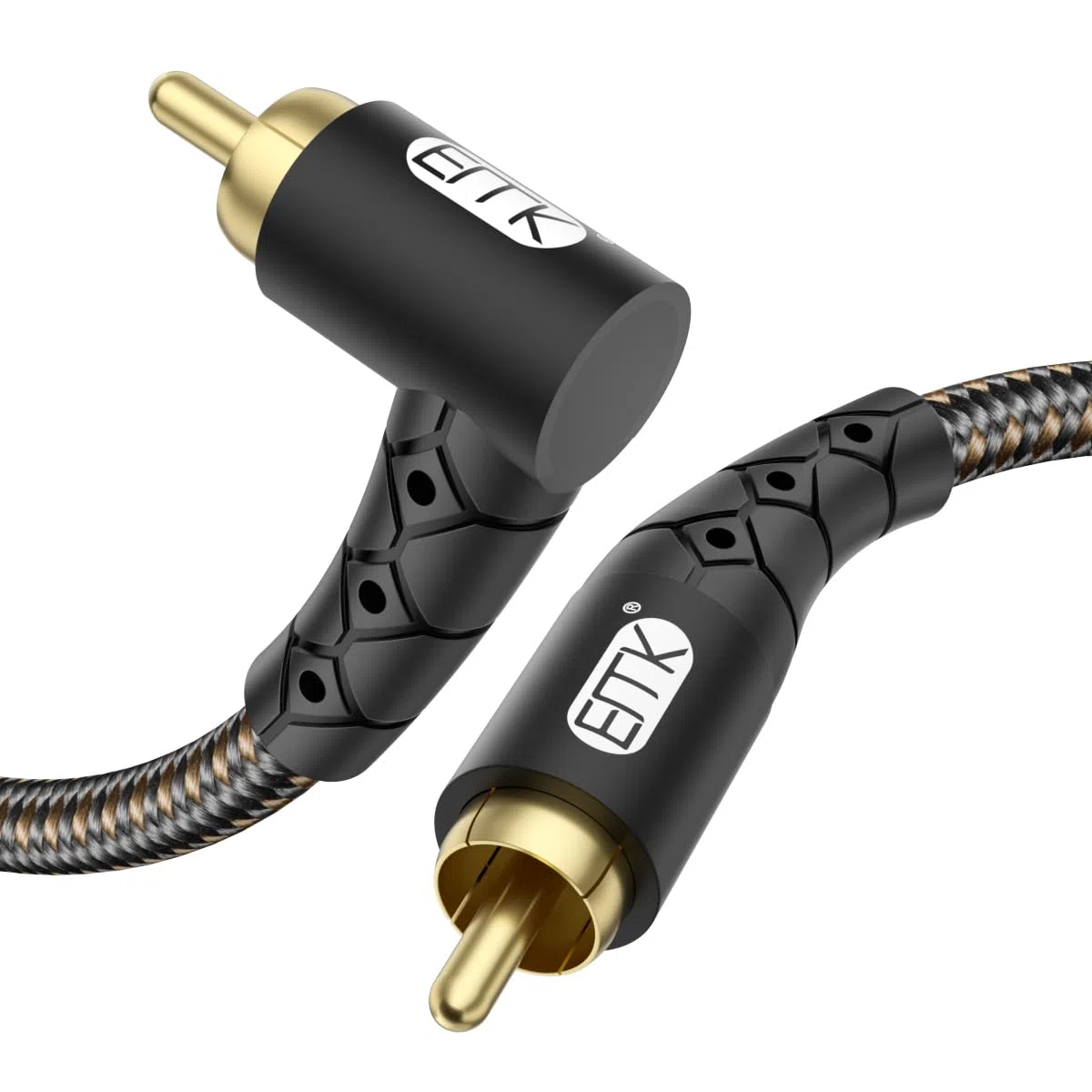 EMK Cavo subwoofer RCA a 90 gradi, connettore placcato oro 24 K, in nylon intrecciato, doppia schermatura, supporta segnali digitali e analogici per amplificatore, home theater, sistema Hi-Fi