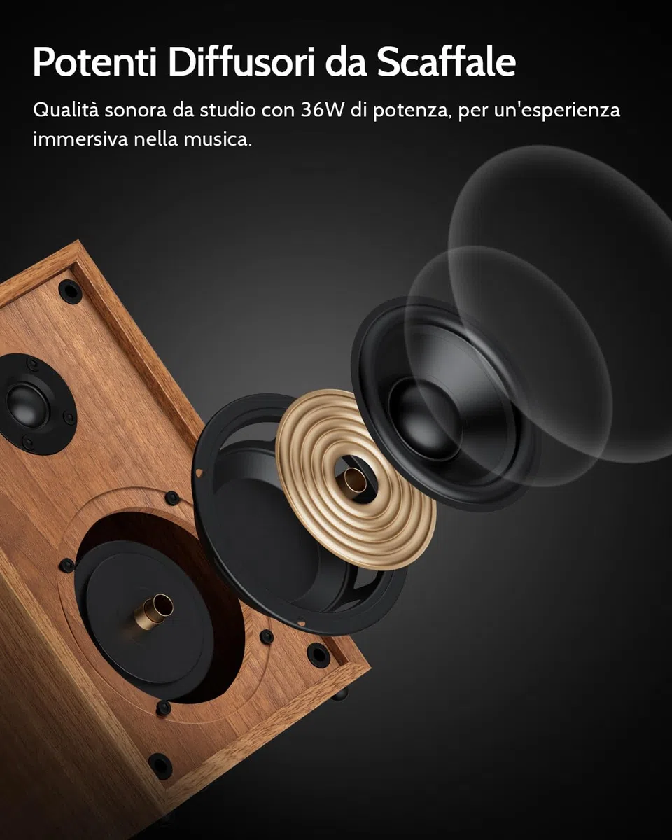 1 BY ONE Giradischi Vinili Bluetooth Hi-Fi con Diffusori da Mensola 36W | Testina AT3600L, Contrappeso Regolabile, Connessione Wireless, Registrazione USB MP3, Spegnimento Automatico, Uscita RCA