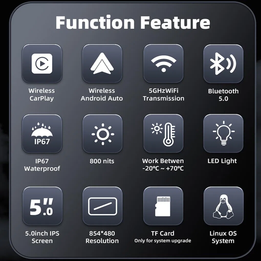 Cruscotto per Moto con Schermo Touch IPS da 5 Pollici, Car Play e Android Auto, Resistente e Facile da Usare, Nessuna Pressione dei Pneumatici