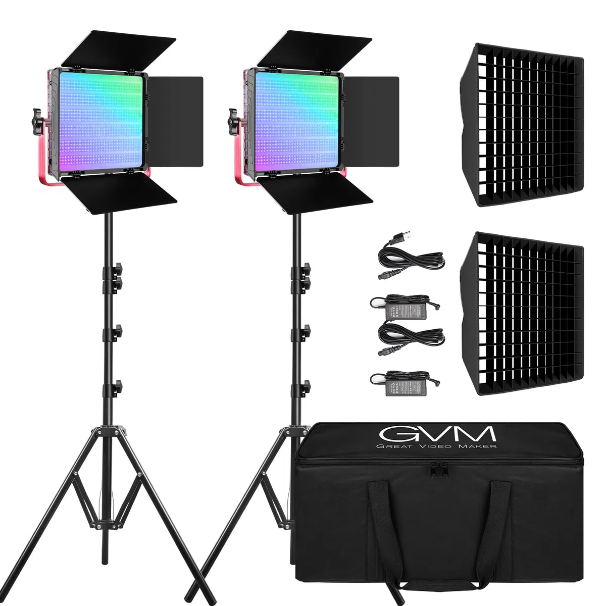 GVM 1200D RGB - Pannello di luci video con treppiede, confezione da 2 luci LED da 50 W, con softbox per foto, studio, YouTube, video, streaming 3200 K-5600 K, 22000 Lux/0,5 m, CRI97+