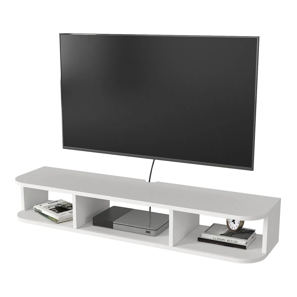 [en.casa] Mobile Porta TV Sospeso con 3 Vani Portaoggetti Scomparti Aperti Mensola da Parete Stand Multimediale con Passacavi 120 x 30 x 19 cm per Soggiorno - Bianco