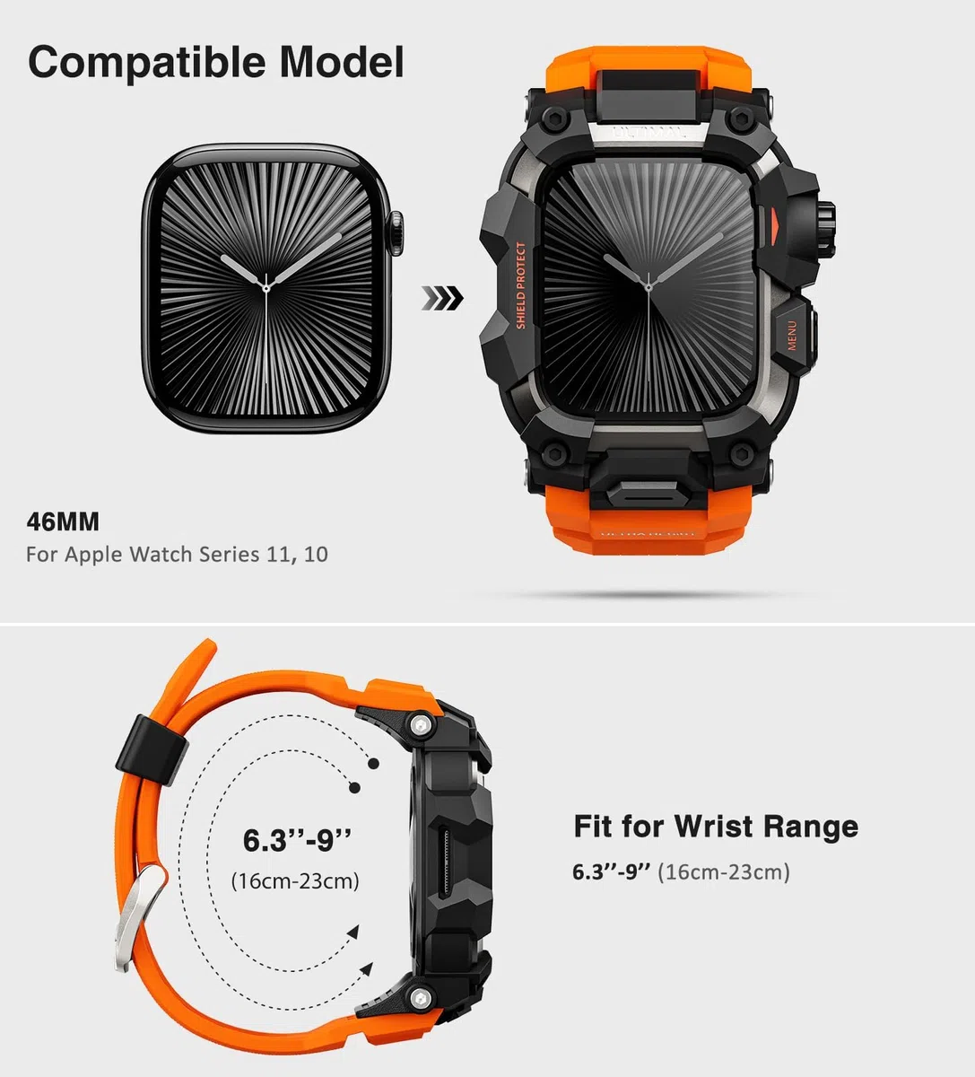 ULTIMAL Custodia robusta con cinturino per Apple Watch da 46 mm, compatibile con Apple Watch Serie 10, di grado militare, antiurto, per cinturino tattico da uomo (46 mm, arancione)
