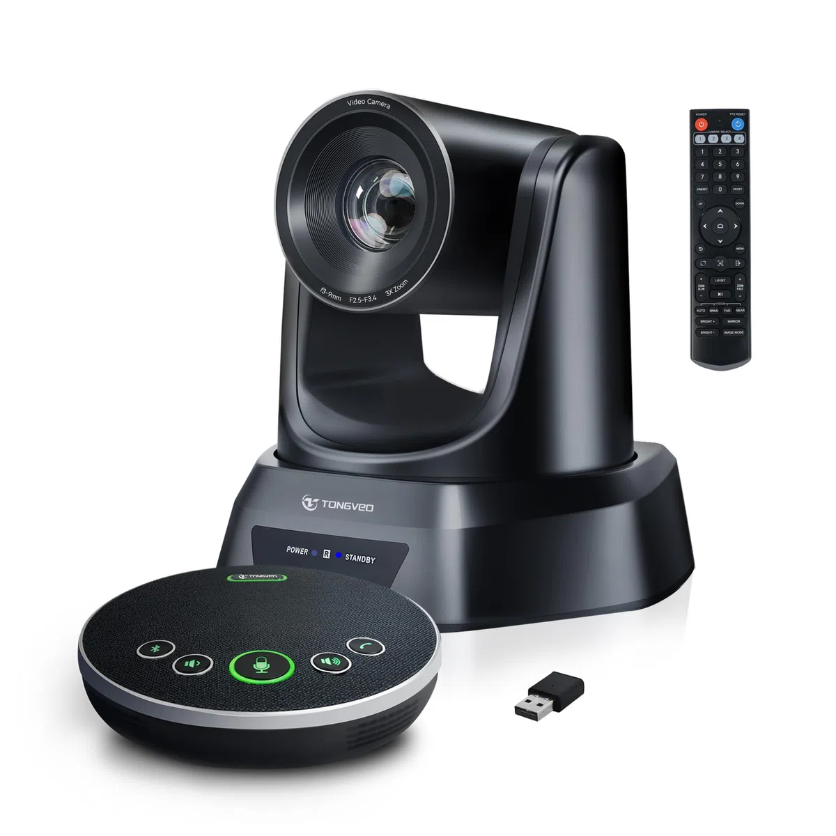 TONGVEO telecamere per sala conferenze vivavoce Bluetooth senza fili,Kit videocamera PTZ USB 3X 1080P 60fps per riunioni in chiesa Funziona con Microsoft Teams, Zoom, OBS, PC (Cam+Mic)