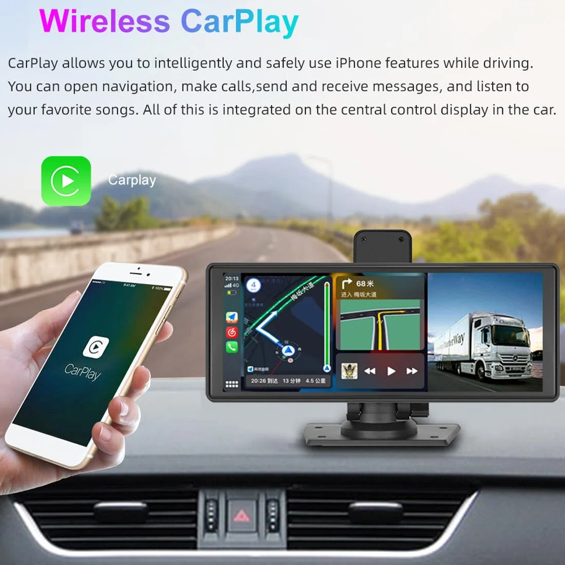 Portatile Autoradio con Carplay wireless Android Auto, auto Monitor touch screen IPS da 9,3" con telecamera retromarcia AHD/DVR/Trasmettitore FM/Bluetooth/AUX/Mirror Link Dash o parabrezza montato