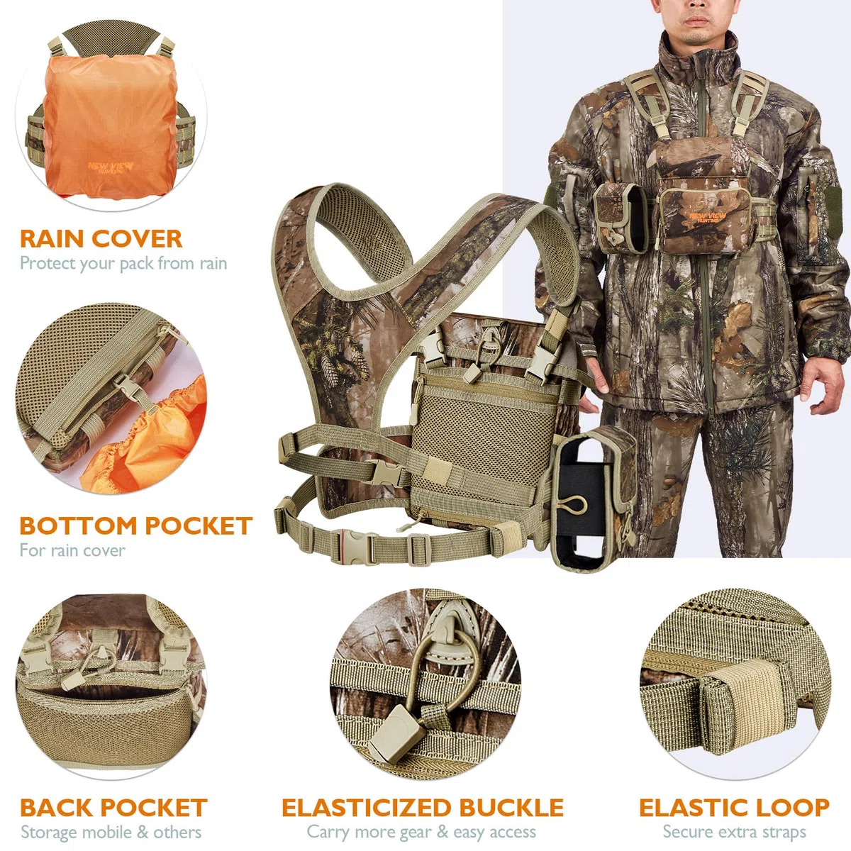 NewView Binocular Harness Chest Pack con tasca rimovibile, cinturino binario regolabile e parapioggia, ideale per caccia, escursioni e birdwatching Quiet-M