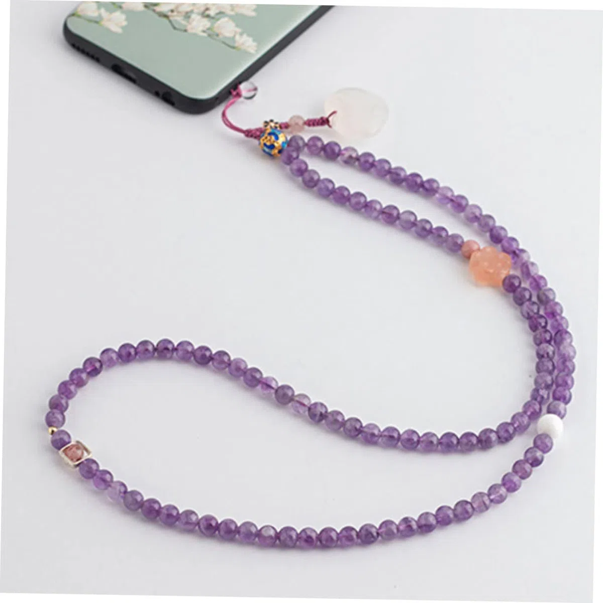 Housoutil Laccio per Cellulare in Ametista Naturale Decorazione Elegante, Catena Lunga da Appendere Compatibile Custodia Telefono