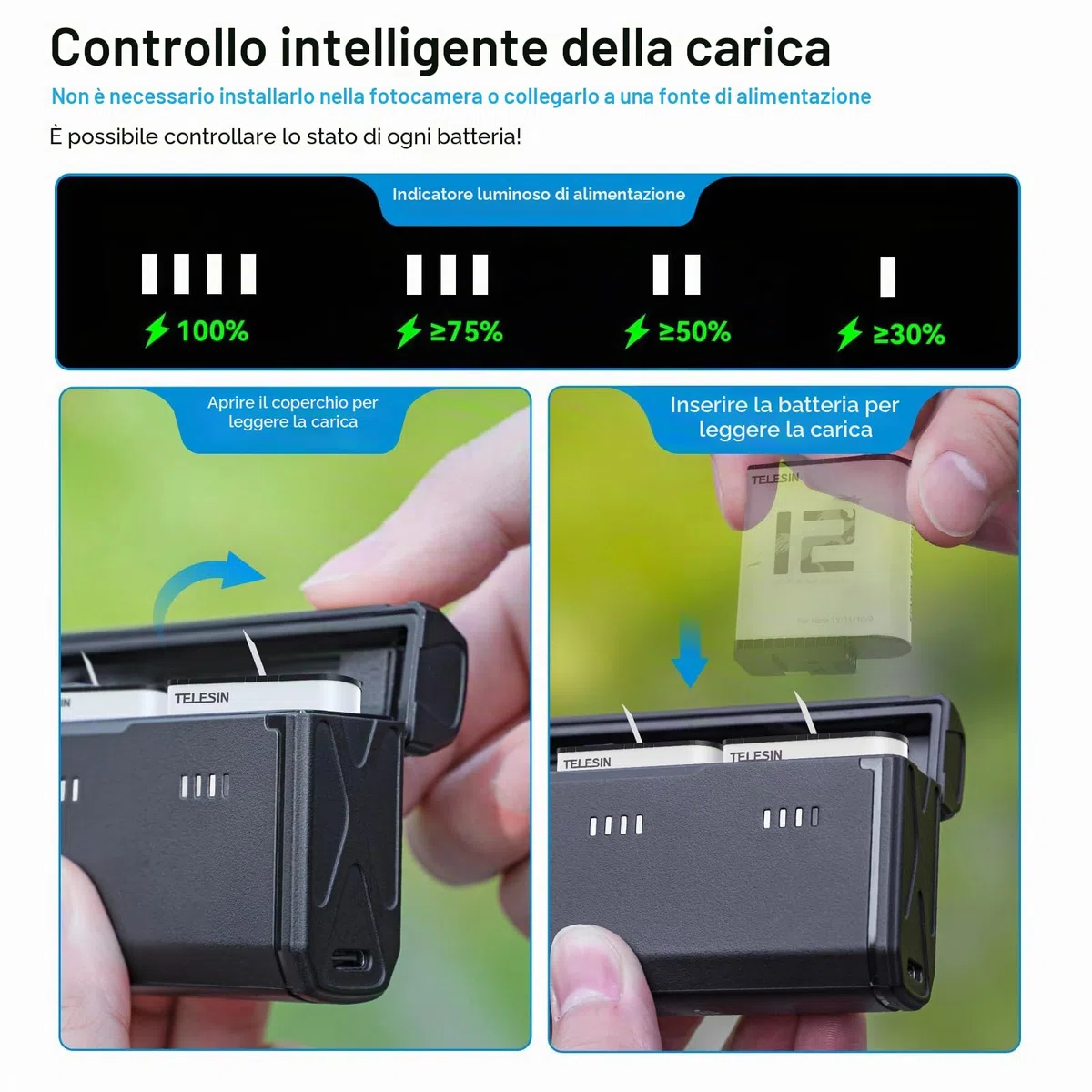 TELESIN Caricabatteria Tascabile per GoPro Hero 12 11 10 9, Ricarica Rapida, Design Portatile, 3 Slot, 2 Memorie per Schede TF, Compatibile con Batterie Enduro e Standard, Accessori
