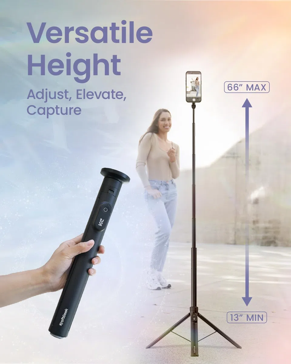 KraftGeek Treppiede magnetico per iPhone MagSafe - 66 '' Selfie Stick automatico con telecomando, treppiede portatile per registrazione video, viaggi, vlogging (nero)