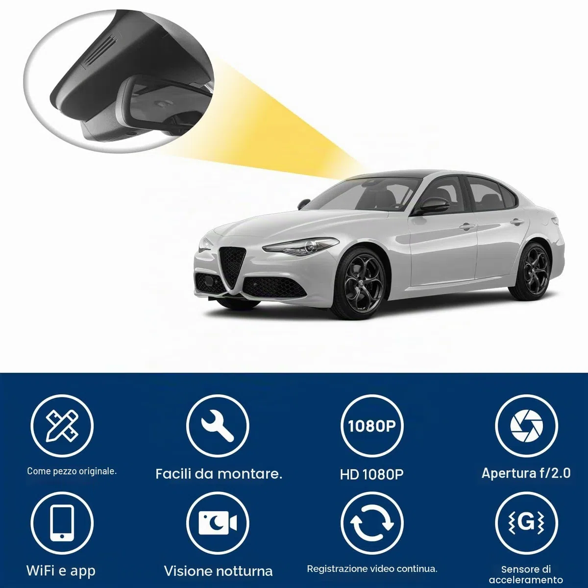 Dash Cam 1080P Wi-Fi per Alfa Romeo Giulia e Stelvio 2017-2024, sensore G, stile OEM, telecamera anteriore, scheda da 64 GB, DVR per auto