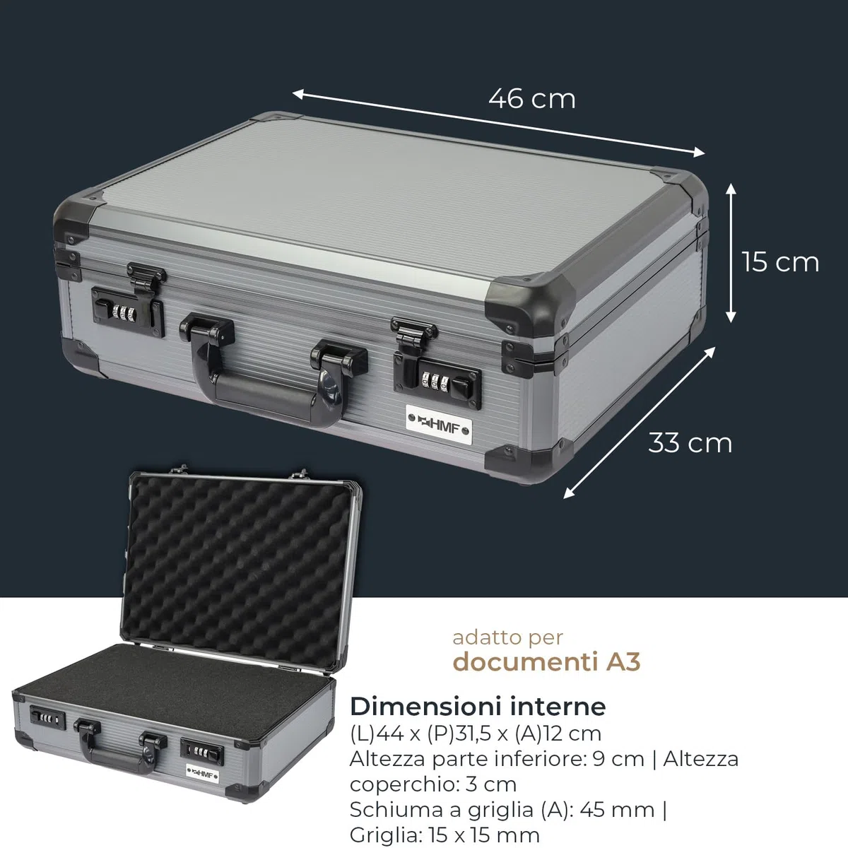 HMF 14402-02 Valigetta per Fotocamera in Alluminio, Custodia per Pistole con Schiuma Raster | 46 x 33 x 15 cm