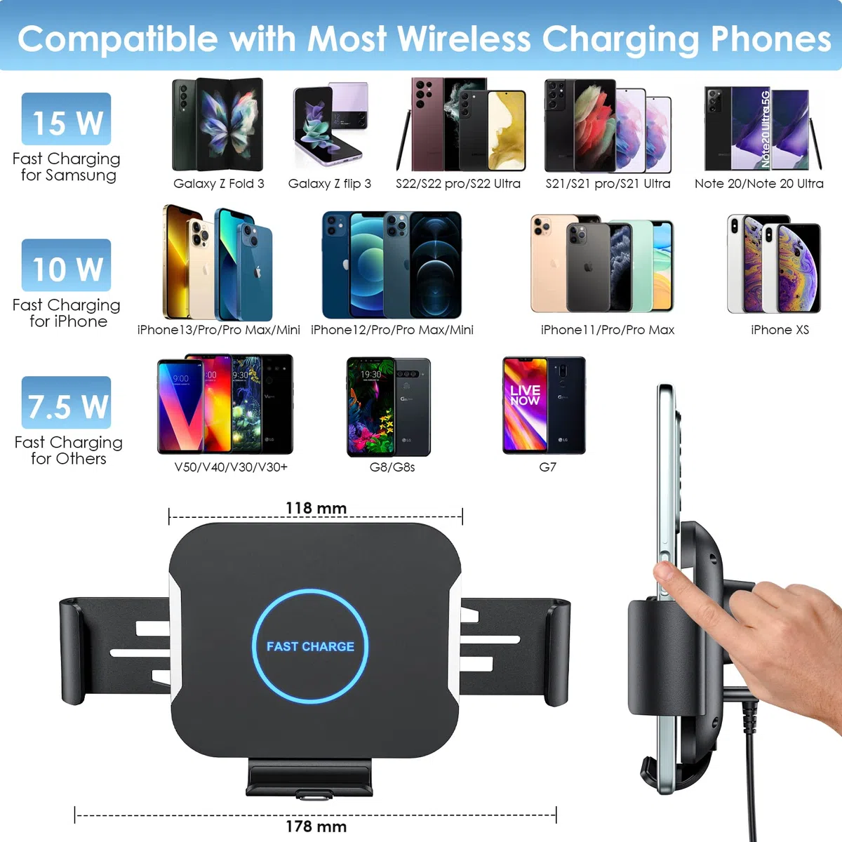 Qoosea Qi 15W Caricatore Wireless Auto, Doppia Bobina Caricabatteria da Auto Senza Fili Supporto Telefono per Bocchette e Cruscotto, Porta Cellulare Auto per Samsung Z Fold 4/3/2 iPhone Xiaomi Huawei