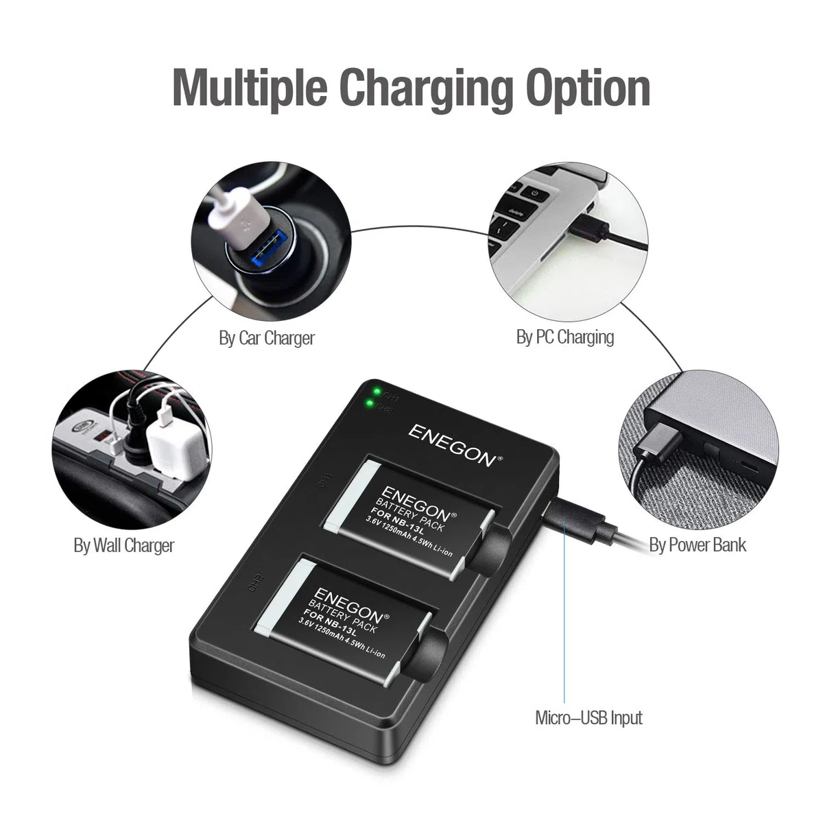 ENEGON Batteria Di Ricambio NB-13L (2-Pacco) e Doppio Caricatore per Fotocamere Canon PowerShot G5X,G5X Mark II,G7X,G7 X Mark II/III,SX720 HS,SX730 HS,SX740 HS,SX620 HS,G1 X Mark III,G9 X,G9X Mark II