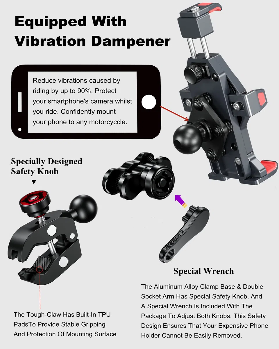 BRCOVAN Lega Alluminio Supporto Telefono Motociclo con Smorzatore Vibrazioni, Metallo Manubrio Porta Telefono per ATV UTV Bici Moto Scooter per 4.7''-7.2'' Smartphone, Nero