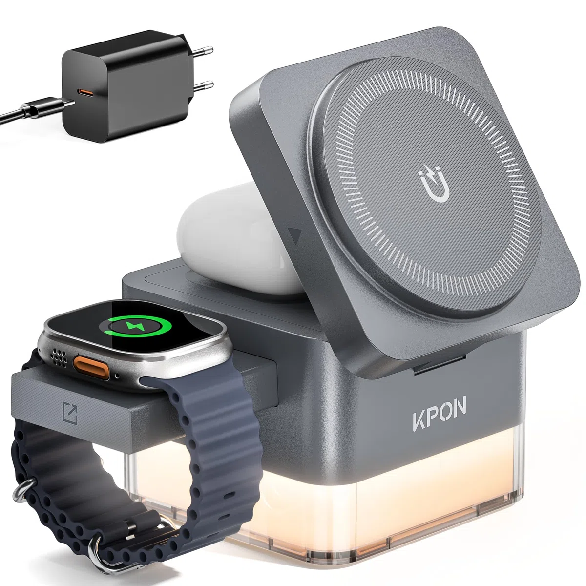 KPON Stazione di Ricarica 3-in-1 con Magsafe per iPhone e Apple Watch, Caricatore Induttivo a Cubo