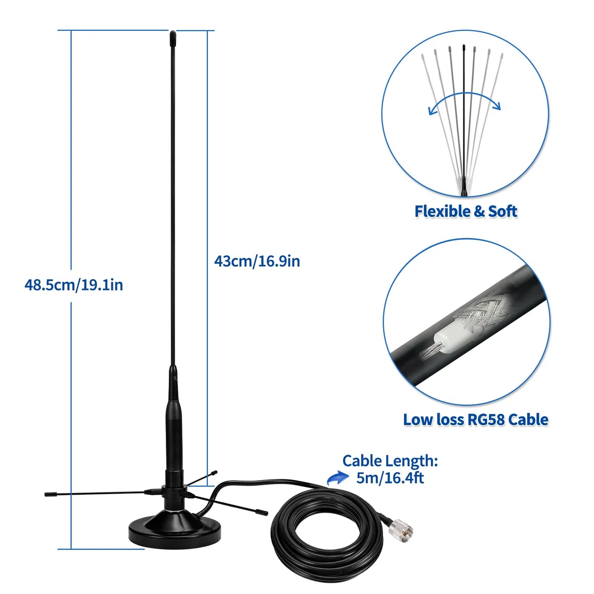 Bingfu Antenna VHF UHF 136-174MHz 400-460MHz Doppia Banda PL259 Maschio Base Magnetica Con Kit Aereo di Terra per Radio Bidirezionale a Due Vie Mobile