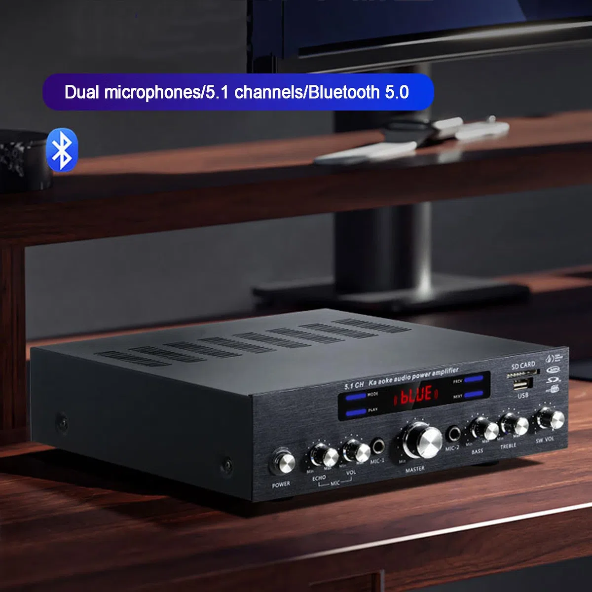 Amplificatore Bluetooth 5.1, Amplificatore Audio Stereo HiFi per Altoparlanti, con Display LCD E Telecomando, Ingresso USB/SD/RCA/Mic